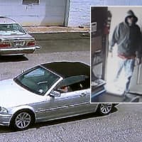 <p>The robber (inset) in the May 11 Palisades Park robbery fled in the silver BMW convertible, police said.</p>