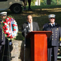 <p>Tarrytown Mayor Drew Fixell at the 911 Memorial held Sept. 12 at Patriot&#x27;s Park on the Tarrytown, Sleey Hollow border.</p>
