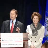 <p>U.S. Sen. Richard Blumenthal gives his victory speech Tuesday night in Hartford with his wife by his side.</p>