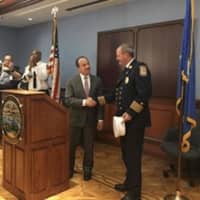 <p>Richard Thode is congratulated by Bridgeport Mayor Joe Ganim after he was named the city&#x27;s new Fire Chief in February.</p>