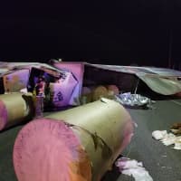 <p>Five of the eight rolls of plastic the tractor-trailer was hauling.</p>