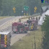 <p>Crews on the scene of a truck fire along Interstate 81 in Lebanon, Pennsylvania.</p>