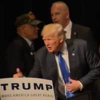 <p>Donald Trump leans over to speak to the crowd at the end of his speech at the Klein Memorial Auditorium in Bridgeport in April.</p>