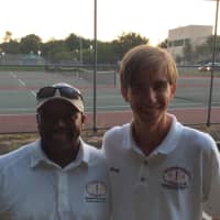 <p>Marvin Tyler, left, Founder and owner of Slammer Tennis World, stands with Tyler Zielinski, who volunteers with the Norwalk tennis group to help at USTA Tournaments.</p>