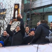 <p>Breanna Stewart holds the NCAA Championship trophy aloft at the victory parade Sunday in Hartford for the women&#x27;s basketball team at the University of Connecticut.</p>