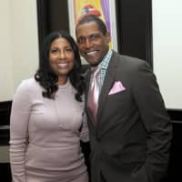 <p>Cookie Johnson, wife of NBA superstar Earvin “Magic” Johnson, with Alvin Clayton of Alvin &amp; Friends Restaurant in New Rochelle.</p>