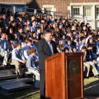 <p>Bronxville Middle School Principal Thomas Wilson welcomed the honorees and guests during a special moving up ceremony June 22.</p>