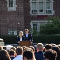 <p>Bronxville High School Senior Class Presidents Caroline Kirby and Andrew Cargil addressed their classmates during a memorial tribute for the victims and heroes who lost their lives on 9/11.</p>