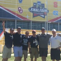 <p>A contingent of local Villanova fans cheering on the Wildcats Monday in Houston.</p>
