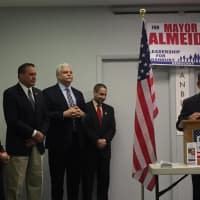 <p>Former Danbury Mayor Gene Eriquez introduces Democratic mayoral candidate Al Almeida, second from left. He is flanked by state Reps. David Arconti and Bob Godfrey as well as city Councilman Tom Saadi.</p>