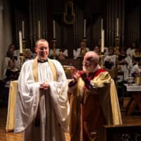 <p>The Rev.Matthew Mead and Bishop Andrew Dietsche at the Induction ceremony. </p>