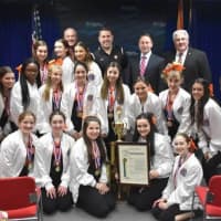 <p>Westchester County Executive and Tuckahoe Mayor Steve Ecklond with the national champion Tiger cheerleaders.</p>