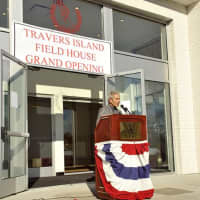 <p>NYAC President Dominic Bruzzese addresses the crowd outside the new Field House.</p>
