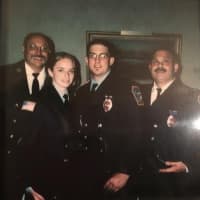 <p>Ridgefield Firefighters Joseph Fugnitti and his daughter Joette Fugnitti, left, with her now-husband Danny Fugnitti, center and his father and former chief, Victor Fugnitti.</p>