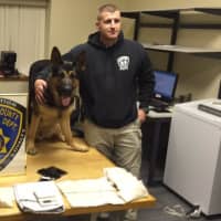 <p>Deputy Irwin and K-9 Kato with the heroin seized in the
case.</p>