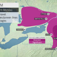 <p>A look at areas where ice-storm conditions and power outages are possible (shown in pink).</p>