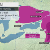 <p>A look at areas where ice-storm conditions and power outages are possible (shown in pink).</p>