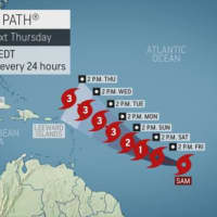 <p>A look at the projected path for Tropical Storm Sam from AccuWeather forecasters.</p>
