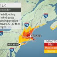<p>A look at areas with the highest risk for flash flooding, damaging wind gusts and power outages (in red).</p>