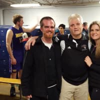 <p>Jay Mahoney with his son Kyle and daughter Brianne after winning his 600th game Feb. 2.</p>