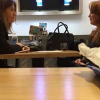<p>Post reporter Stephanie McCrummen, left, meets with Jaime T. Phillips of Stamford, who made false accusations against Senate candidate Roy Moore of Alabama.</p>