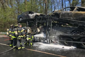 Tractor-Trailer Car Carrier, Vehicles On Board Becoming Fully Engulfed In Flames On I-95