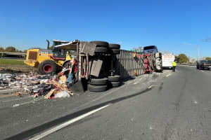Trash-Toting Tractor-Trailer Tips On Route 46 Ramp