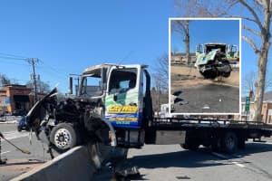 Flatbed Mounts Divider, Concrete Goes Flying In Collision With Garbage Truck In Fair Lawn