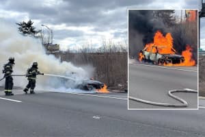 VIDEO: Car Falls Off Tow Truck, Catches Fire On Route 80 In Hackensack