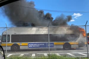 Out Of Service MBTA Bus Goes Up In Flames Right By Forest Hills
