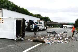 CRUSH HOUR: Sweeper Truck Tips, Spills Trash Onto Route 80