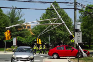 Car Takes Out Traffic Light Frame In Ridgewood Crash