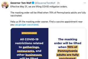 PA Lifting COVID Orders Memorial Day Weekend, Masks Required Until 70% Of State Is Vaccinated