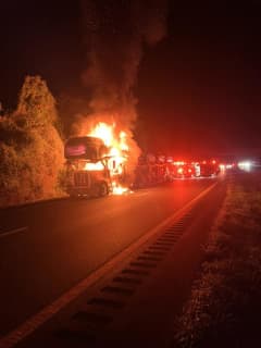 Car-Carrying Trailer Catches On Fire On Area Highway