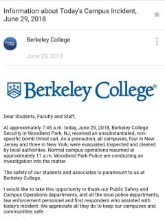Unfounded Bomb Threat Clears Berkeley Paramus, Woodland Park Campuses
