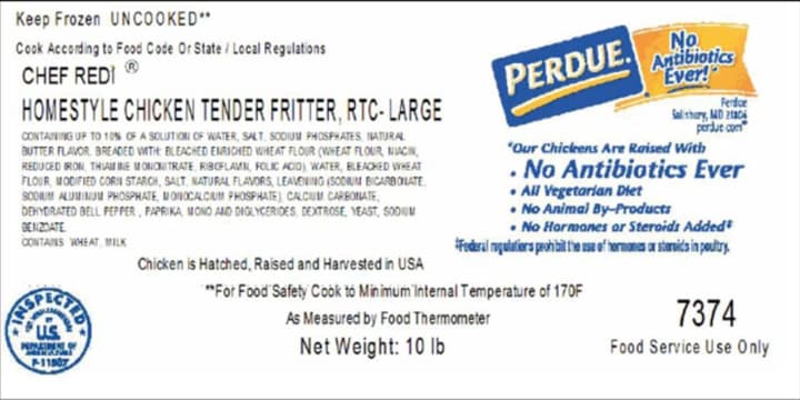 The label of the Perdue chicken product that was recalled.