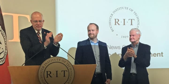 Austin McChord, center, founder and CEO of Norwalk-based Datto, announces a $50 million donation to his alma mater, the Rochester Institute of Technology.