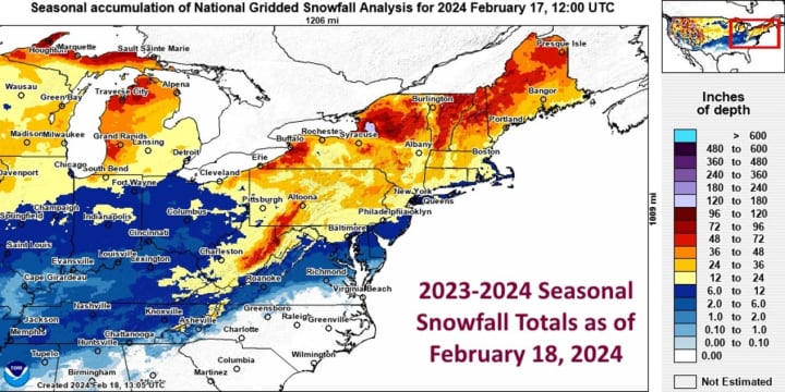 Areas in red have seen the most snowfall through Sunday, Feb. 18 while areas in white and sky blue have seen the least.