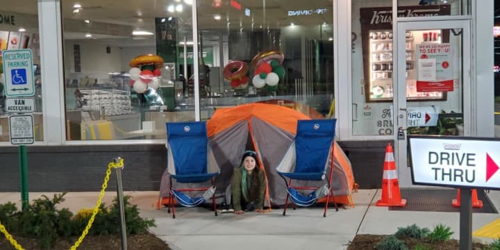 Shae Fishman has been outside of the new Krispy Kreme in Paramus since 9:30 p.m. Sunday. He hopes to get a dozen free doughnuts a week for a year come opening day. Stay tuned...