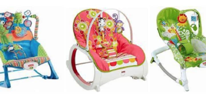 Fisher-Price Infant-to-Toddler Rocker (left and center,) Fisher-Price Newborn-to-Toddler Rocker (right)