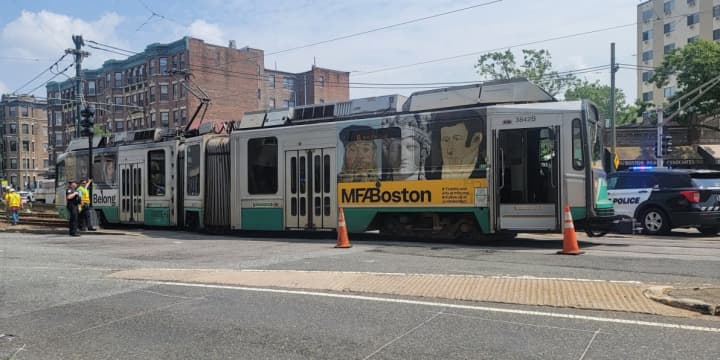 A Green Line train went off the tracks near Packard&#x27;s Corner in Allston on Monday afternoon, June 12
