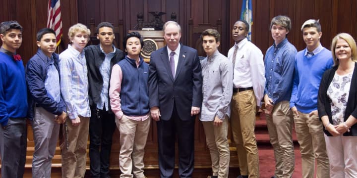 Sen. Michael McLachlan (center) on April 27 welcomes members of the Danbury High School Young Republicans Club to the State Capitol.