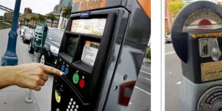 New multi-space automated parking meters, left, were activated by the Village of Mamaroneck in various municipal lots on Thursday, replacing traditional coin meters show at right.