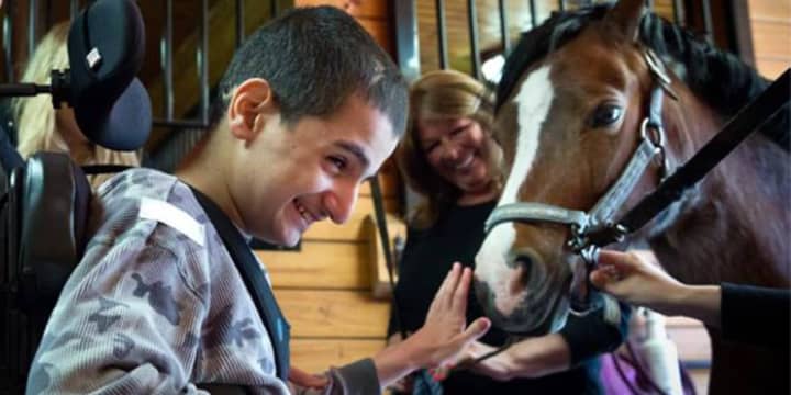 A young boy with special needs pets a horse at Pony Power in Mahwah.