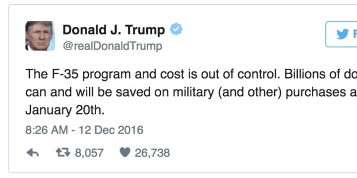 President-Elect Donald Trump slammed the F-35 program in a Tweet on Monday.