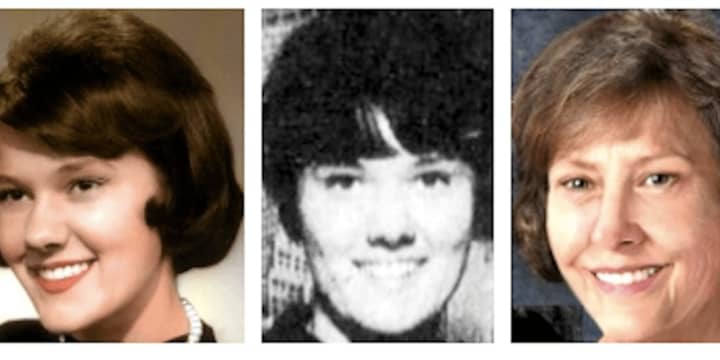 Leslie Guthrie at the time of her disappearance at age 29 in 1977 (first two photos), and a rendering of how she may look today at age 69.