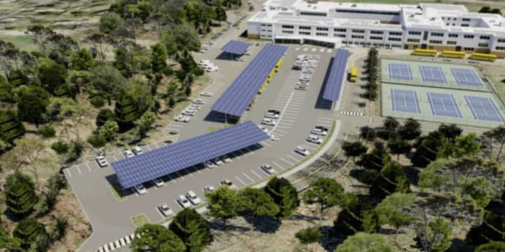 This image shows how solar carports would look at Fairfield Ludlowe High School.