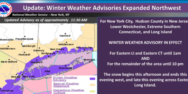 A look at areas, including Central and Southern Westchester where the advisory is in effect (in purple).