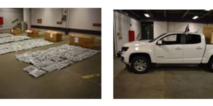 Police found the 204 pounds of pot, left, in a large wooden container in the bed of the pickup truck (shown at right).