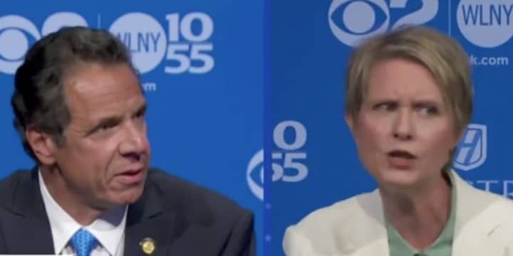 Gov. Andrew Cuomo and Democratic challenger Cynthia Nixon during s primary debate on WCBS-TV.